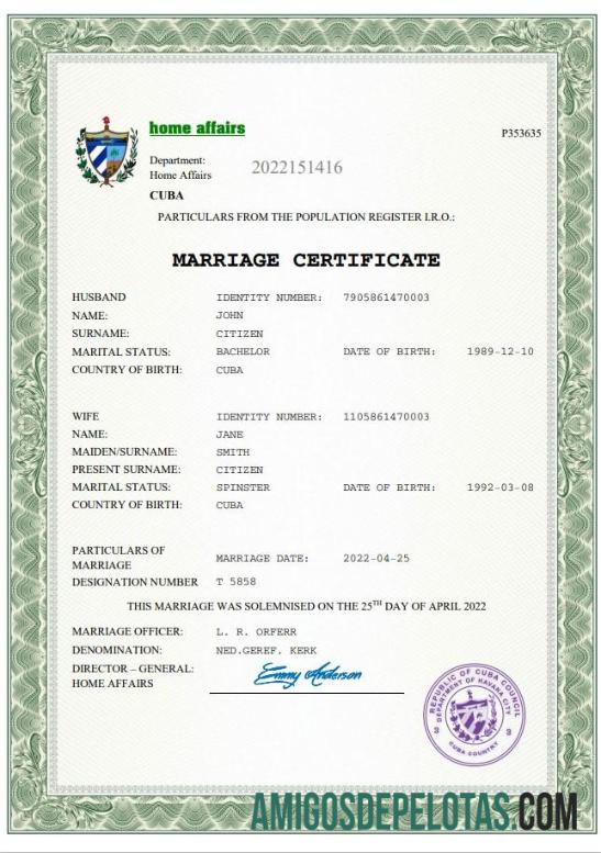 Imprimível modelo Word e PDF de certidão de casamento em Cuba
